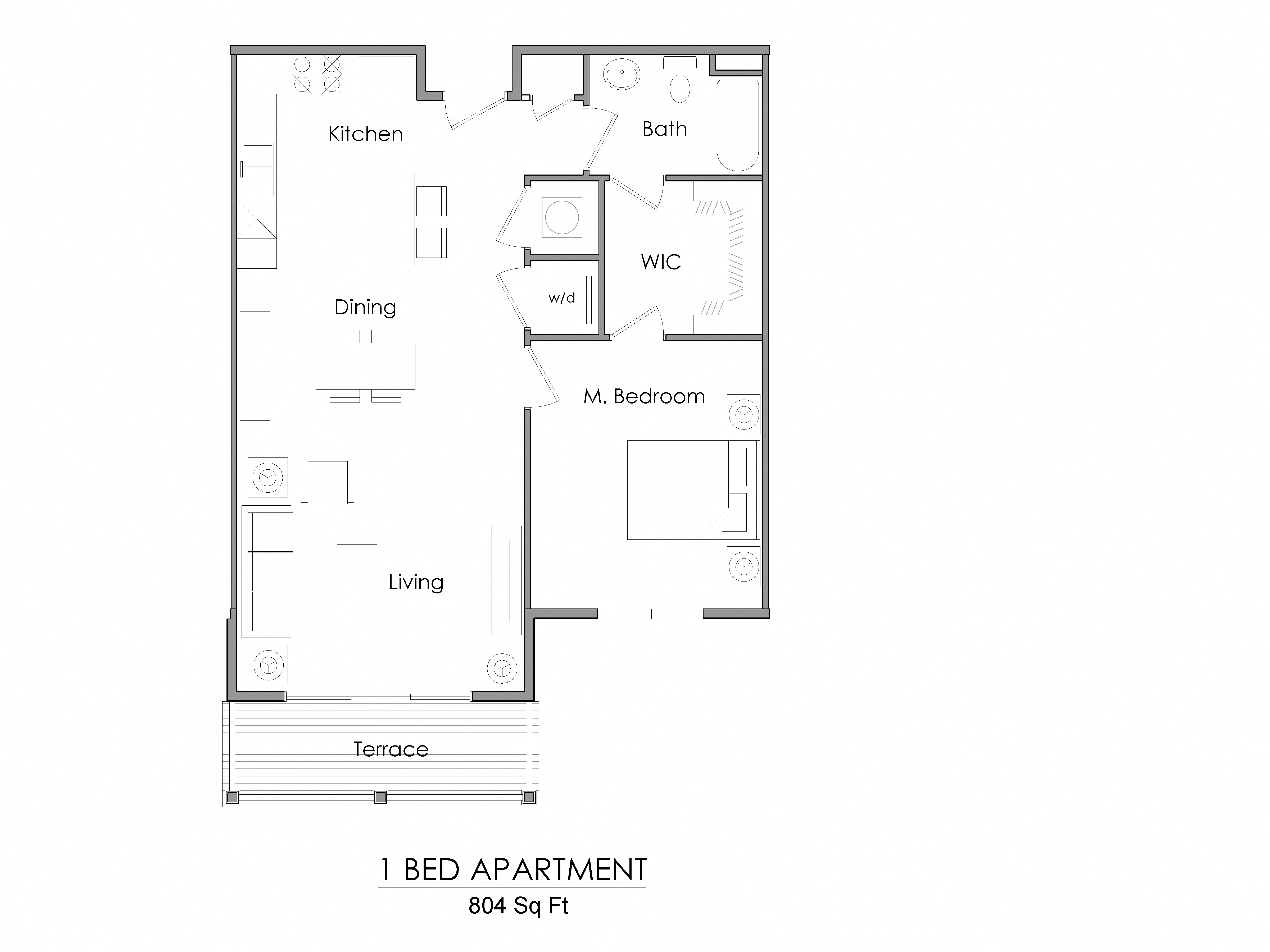Floor plan for 1 bed, 1 bath, 804 sqft